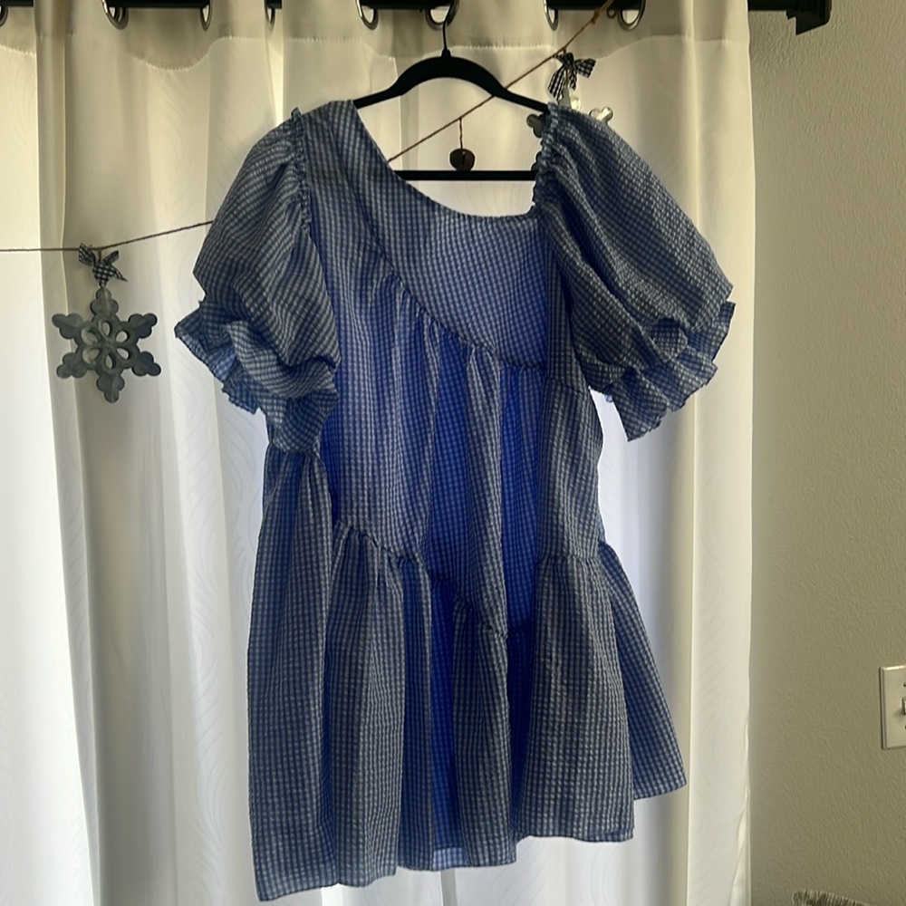 Blue and white asymmetrical gingham dress